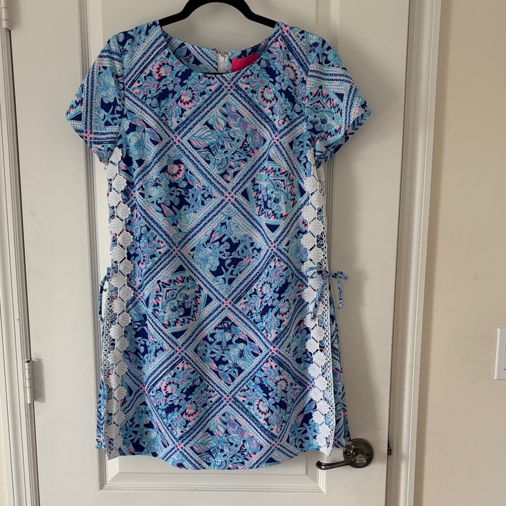 Blue Floral Shift Dress with White Lace Side Panels